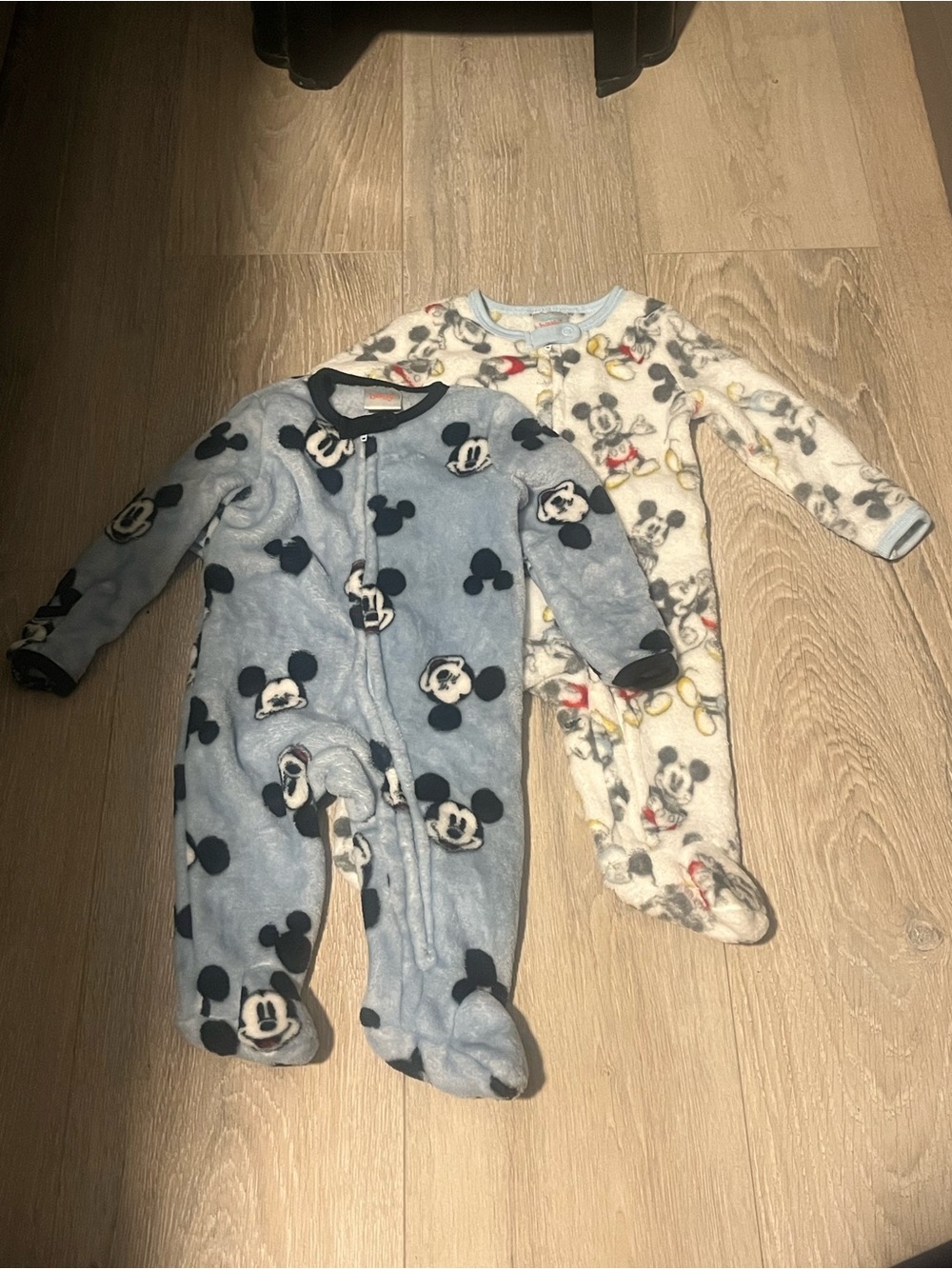 Disney Mickey Mouse Pack of Two Fleece Footed One-Pieces in Blue and Cream